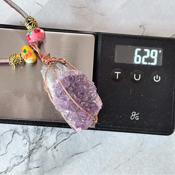 Amethyst Crystalline Wire Wrapped Stone Pendant Necklace Handmade Leather Cord - Picture 15 of 15